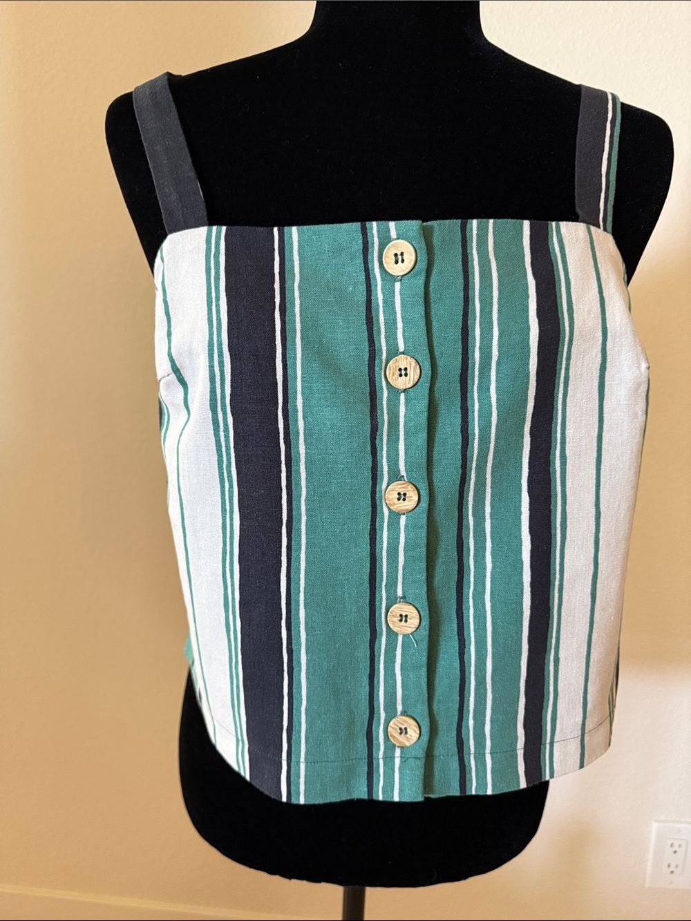 Lush Green Black Cream Striped Button-Front Cropped Linen Blend Tank